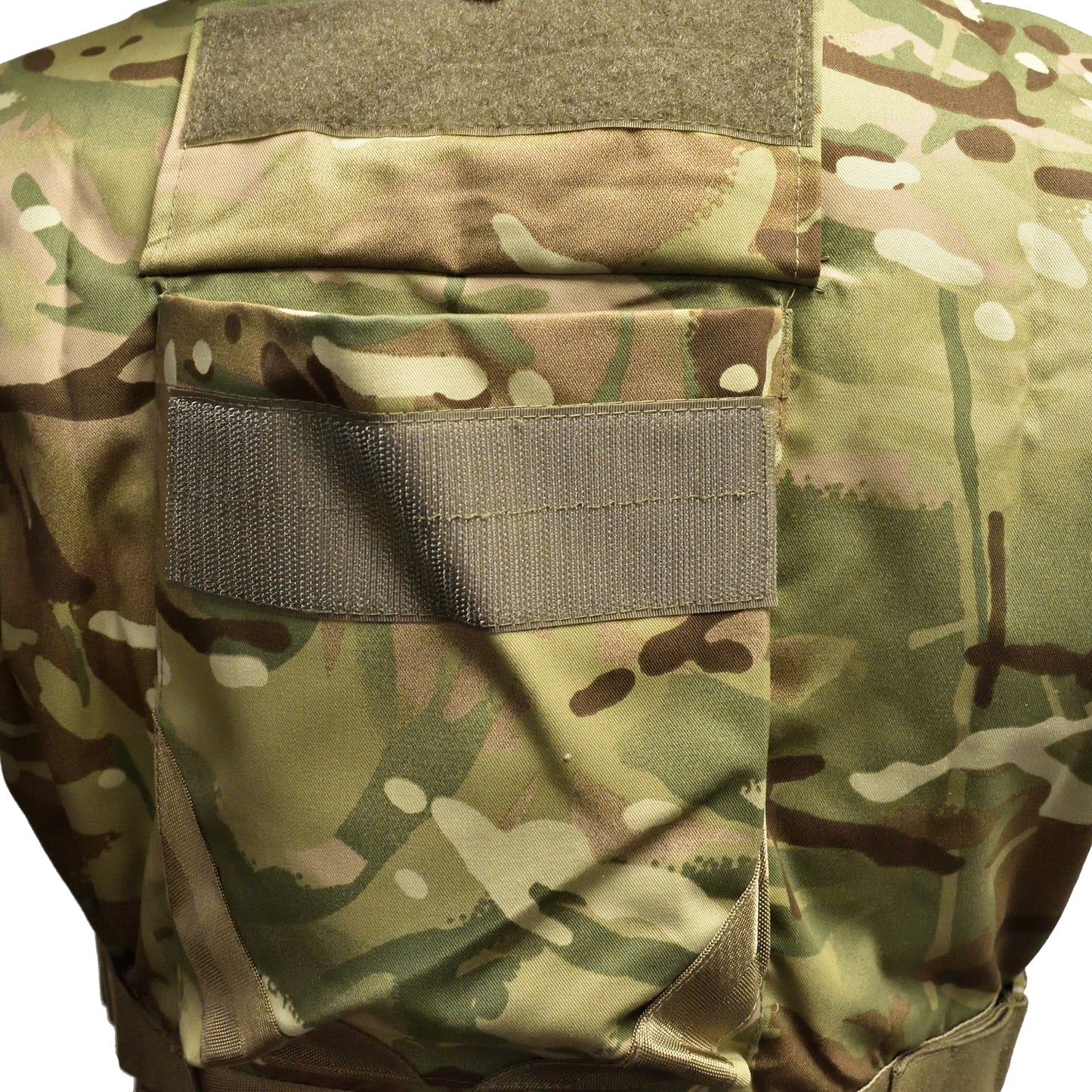 Close-up of rear pouch on British Army ECBA Body Armour Cover ANS IS MTP without filler.