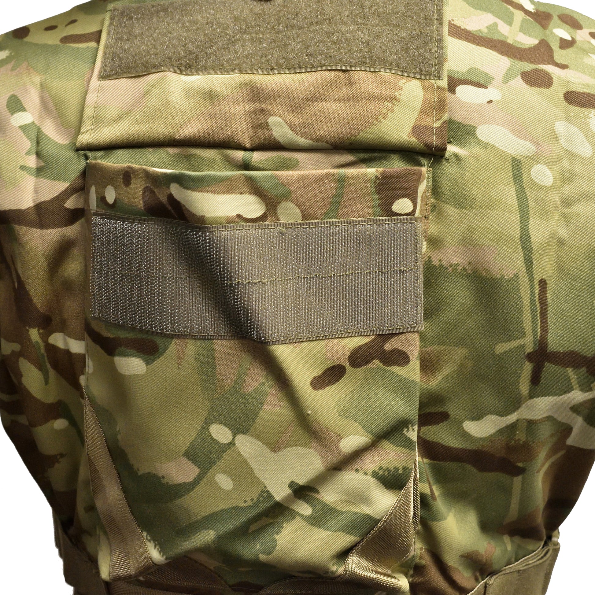 Close-up of rear pouch on British Army ECBA Body Armour Cover ANS IS MTP without filler.