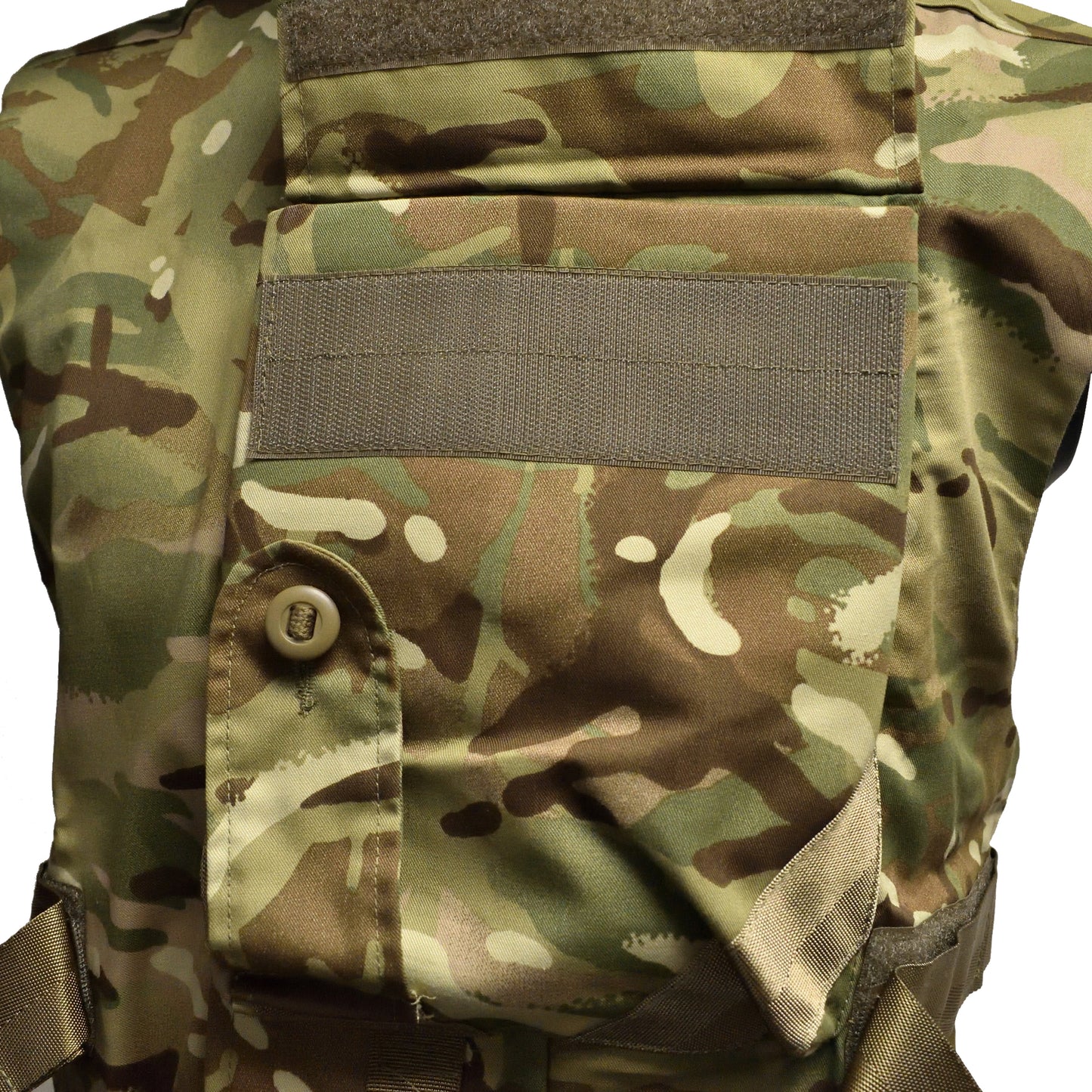 Close-up of front pouch on British Army ECBA Body Armour Cover ANS IS MTP without filler.