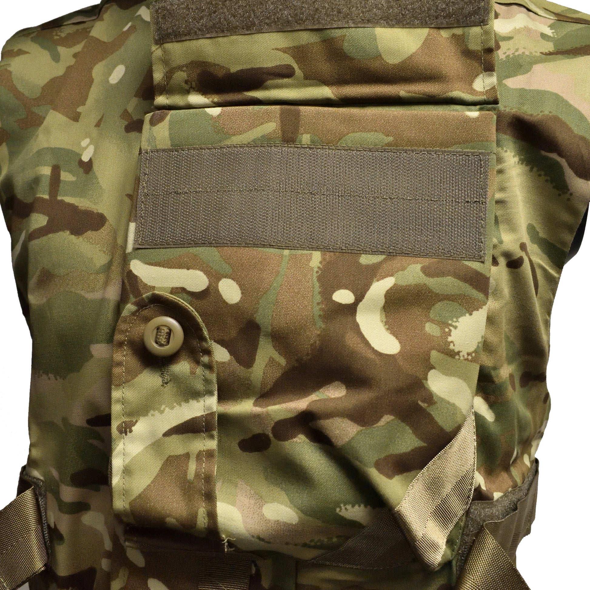 Close-up of front pouch on British Army ECBA Body Armour Cover ANS IS MTP without filler.
