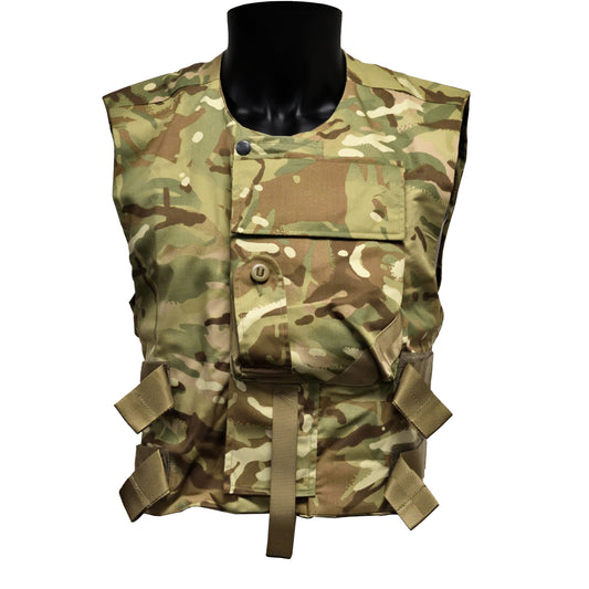 Front view of British Army ECBA Body Armour Cover ANS IS in MTP camouflage without filler.