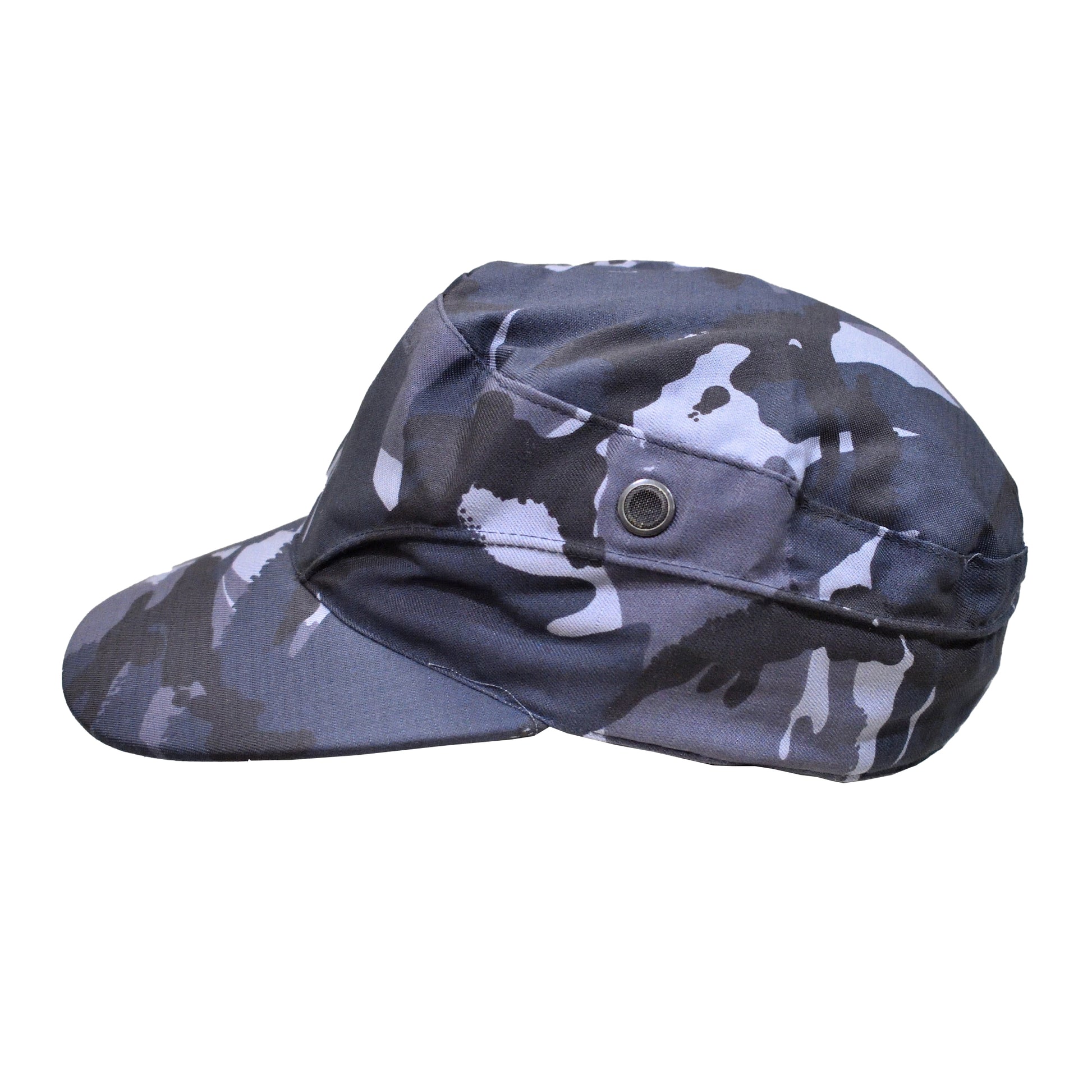 Left side shot of British Army Combat Cap Blue Camo showing visor and crown.