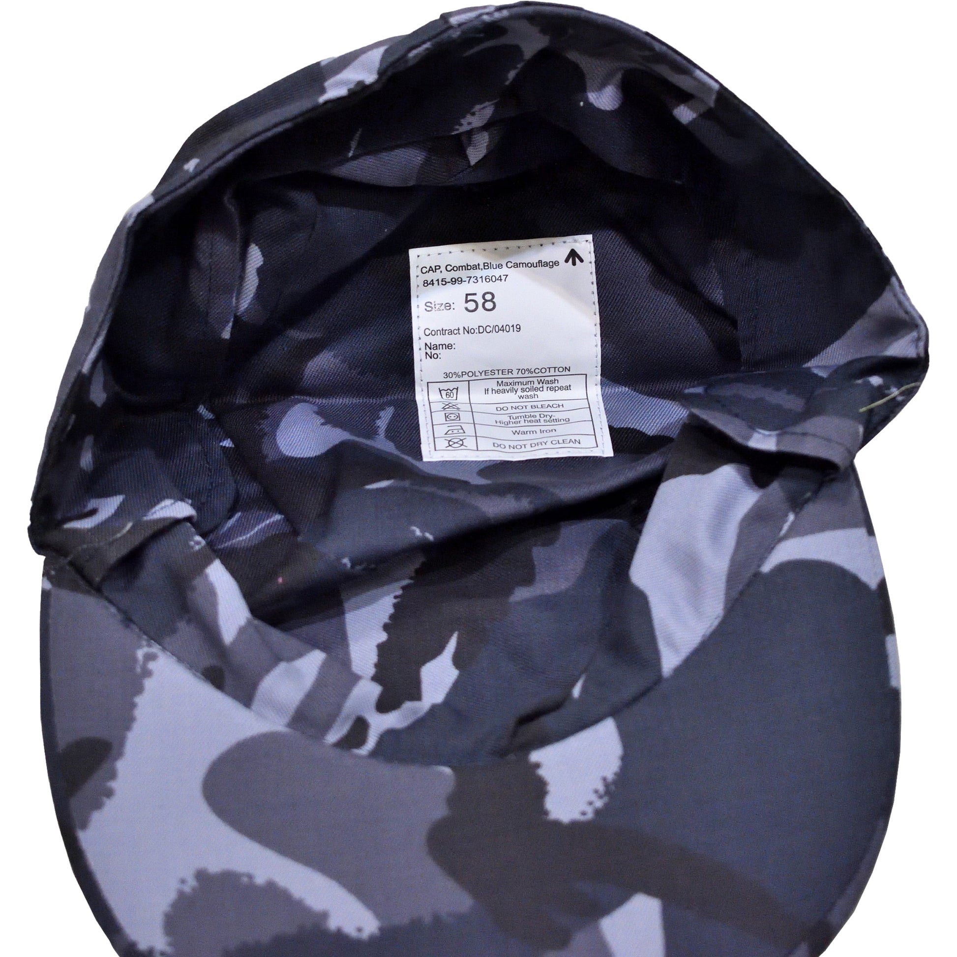Macro image of blue camouflage fabric and pattern on British Army Combat Cap.