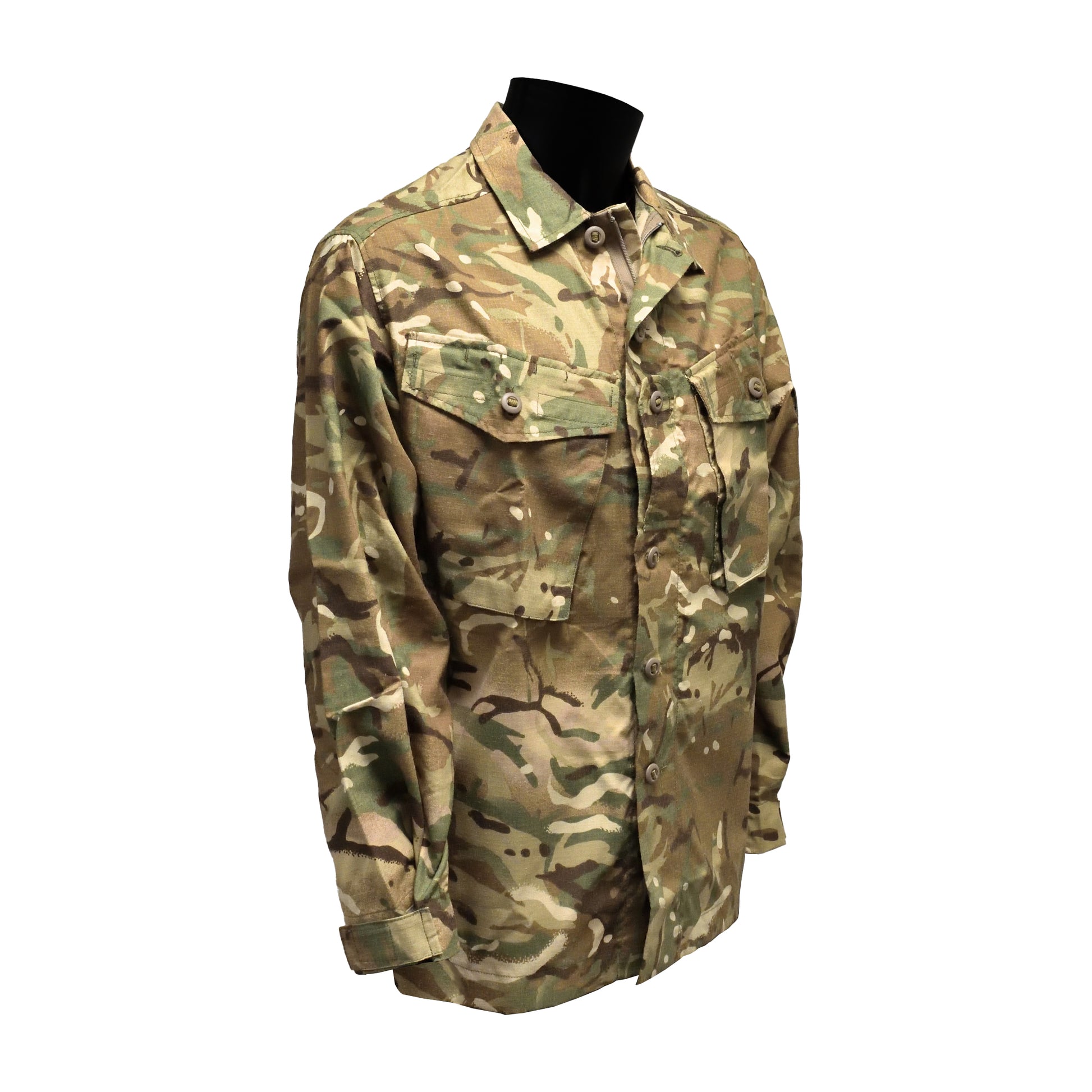 Angled front right view of British Army FR Combat Jacket in MTP pattern.