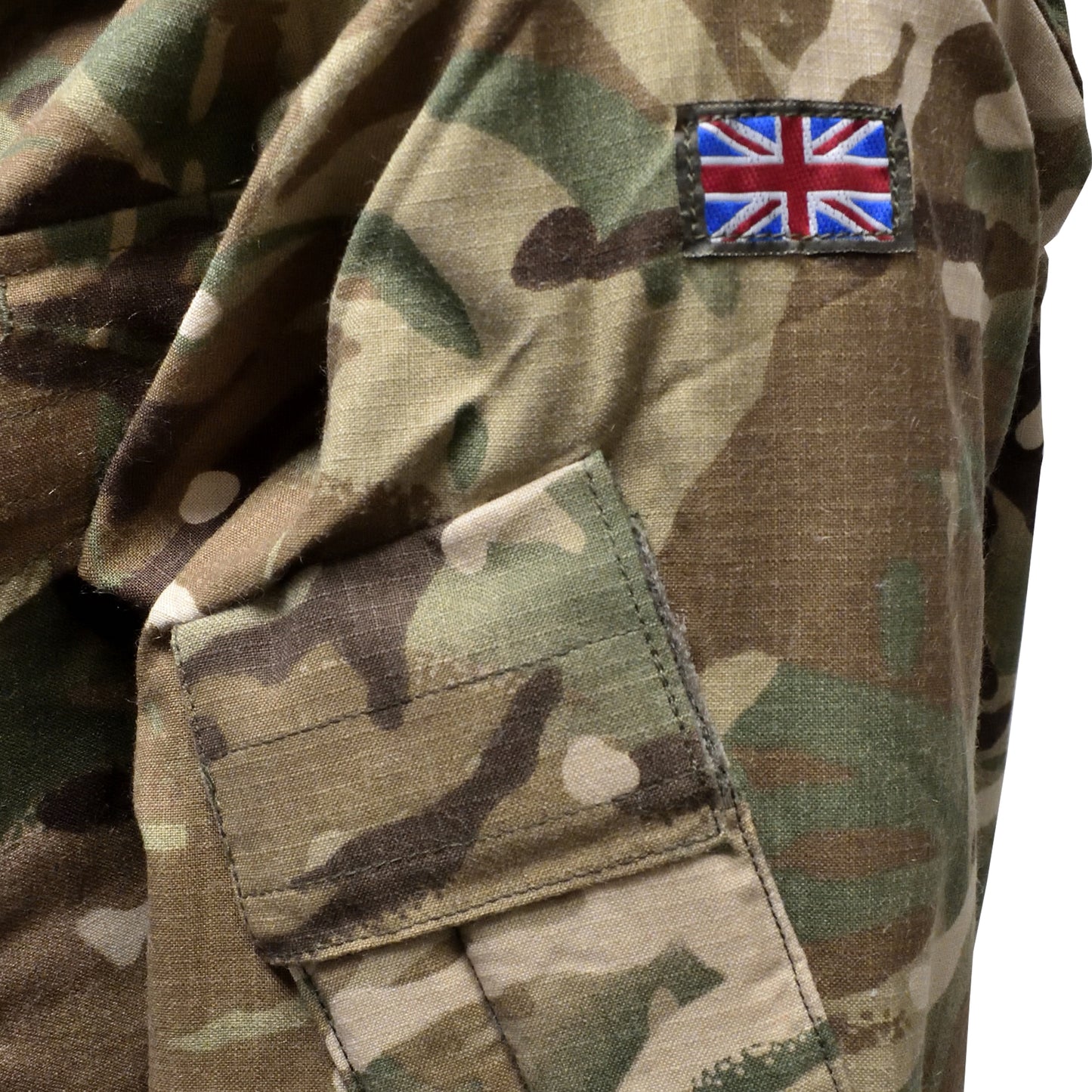 Close-up of sleeve fabric texture with Union Jack flag on British Army FR Combat Jacket.