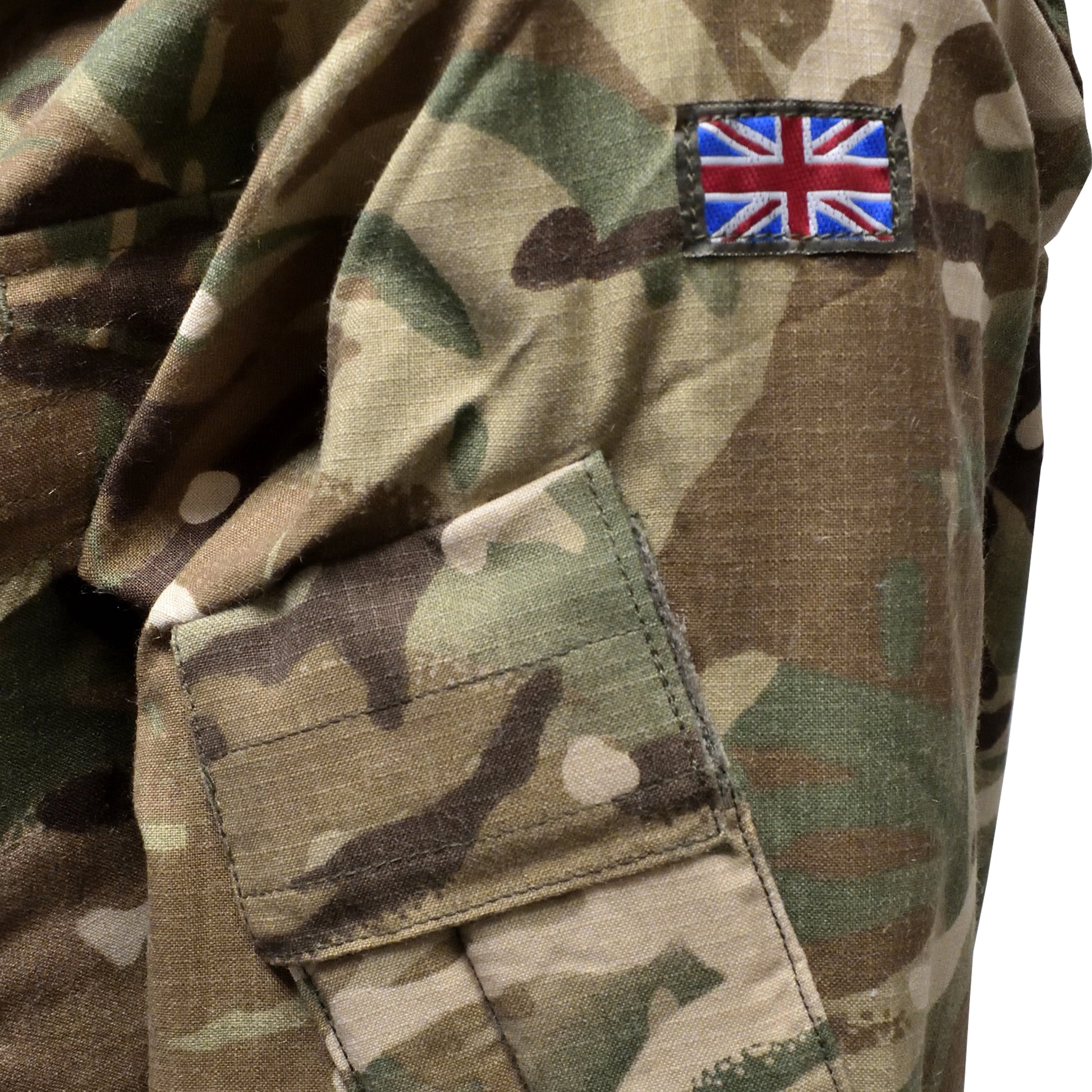 Close-up of sleeve fabric texture with Union Jack flag on British Army FR Combat Jacket.