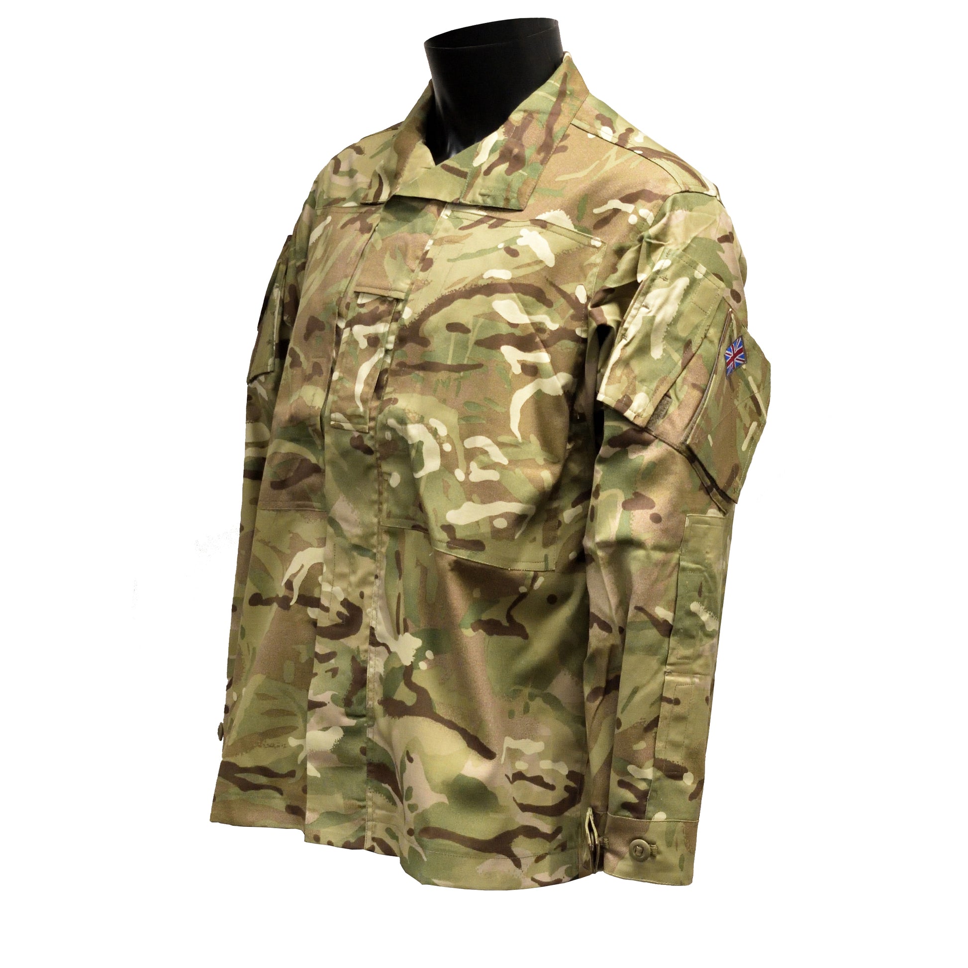 Left-angled front shot of British Army Warm Weather Combat Jacket MTP showing zip and pockets.