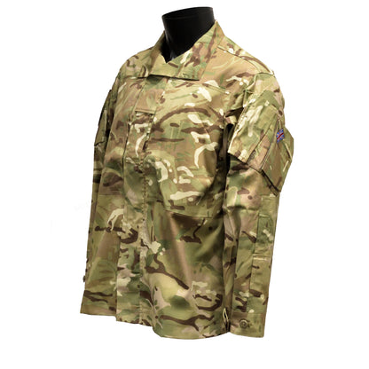 Left-angled front shot of British Army Warm Weather Combat Jacket MTP showing zip and pockets.