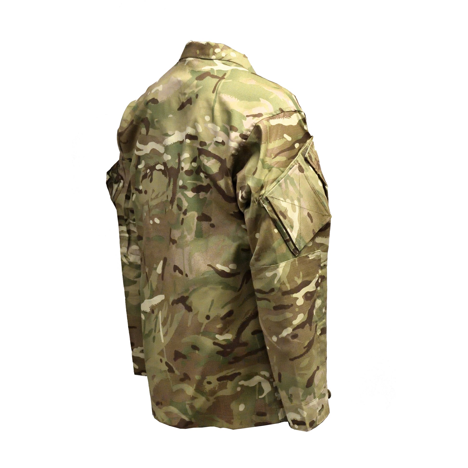Right-angled rear shot of British Army Warm Weather Combat Jacket MTP with reinforced elbows.