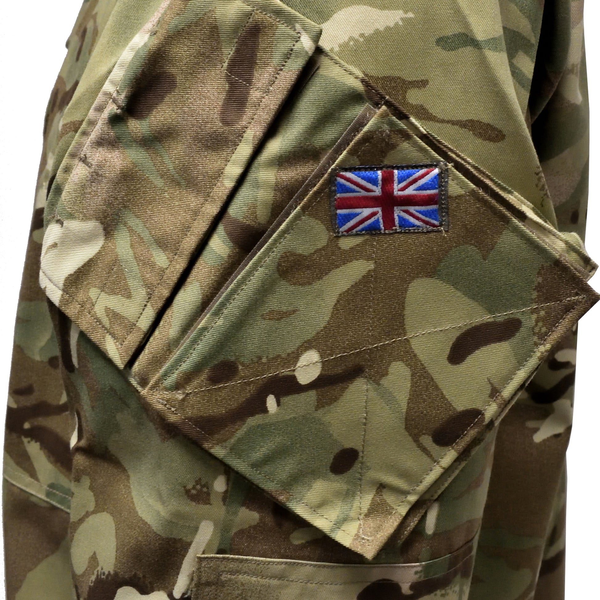 Close-up of Union Jack badge stitched on British Army Temperate Weather Combat Jacket MTP.
