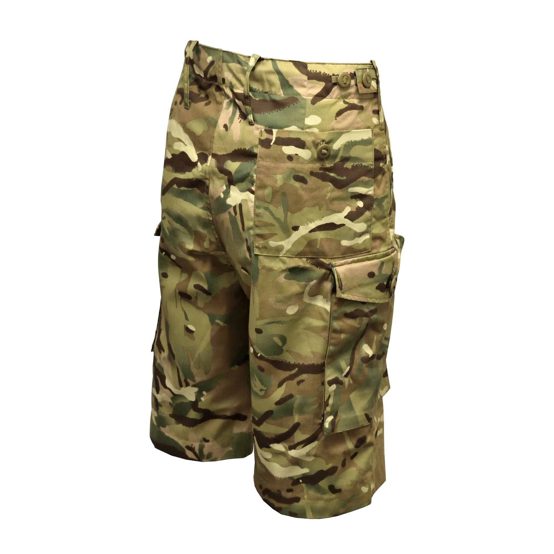 Angled rear right view of British Army Combat Shorts with reinforced seams.