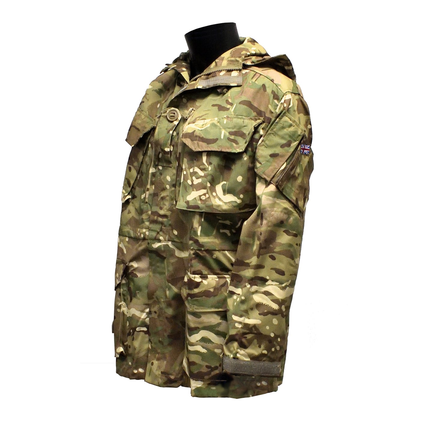 Left-angled front shot of British Army Windproof Combat Smock MTP showing zip and pockets.