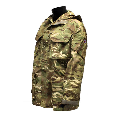 Left-angled front shot of British Army Windproof Combat Smock MTP showing zip and pockets.