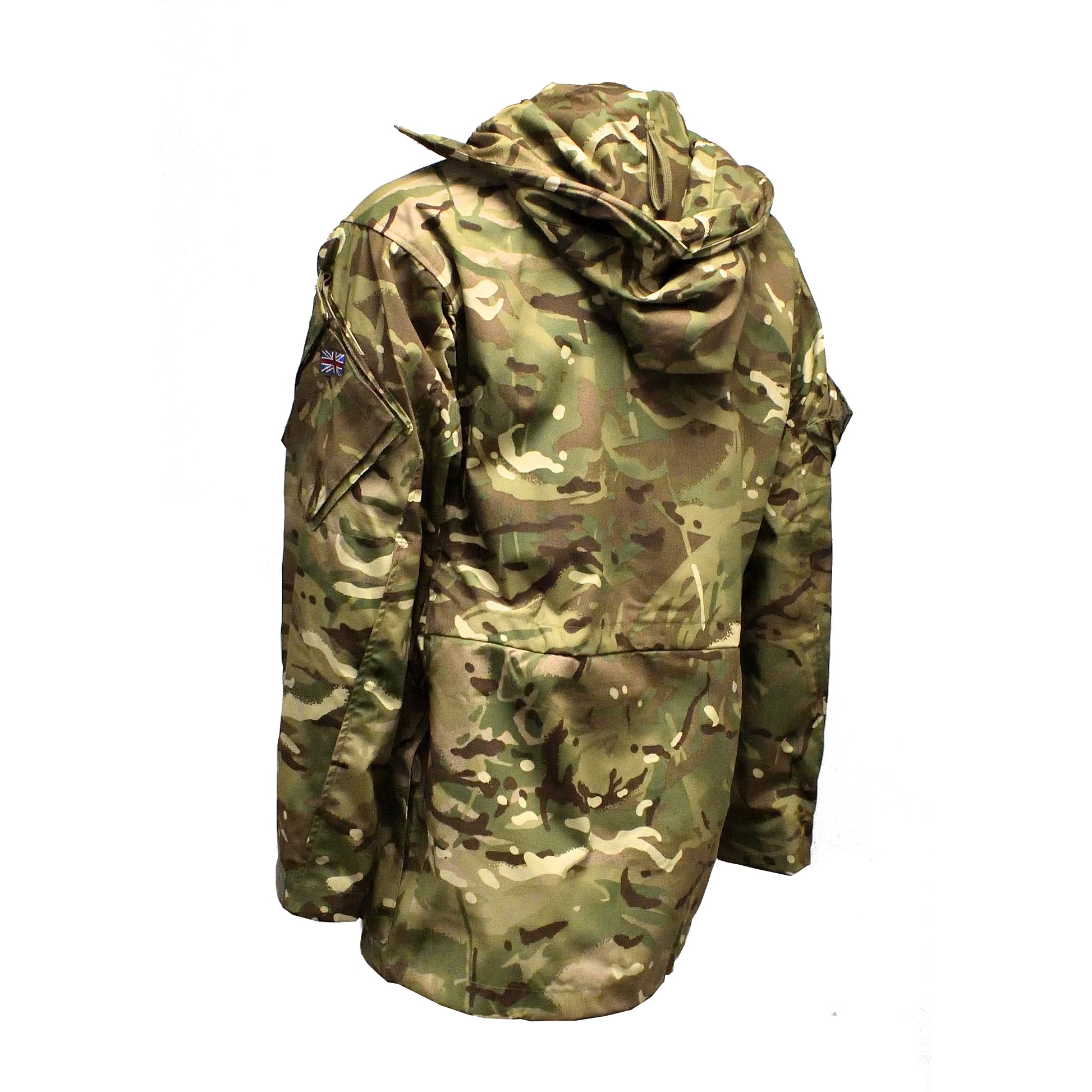 Left-angled rear view of British Army Windproof Combat Smock MTP showing back panel.