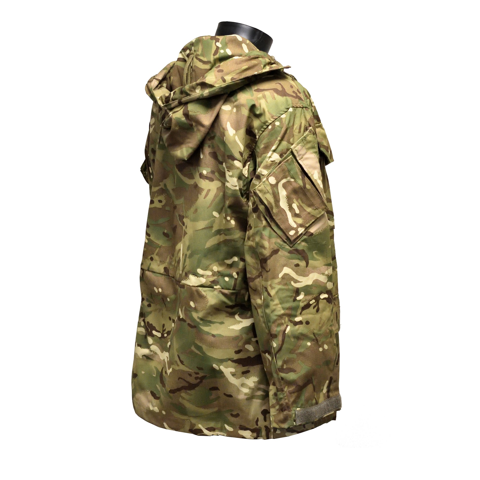 Right-angled rear shot of British Army Windproof Combat Smock MTP with reinforced elbows.