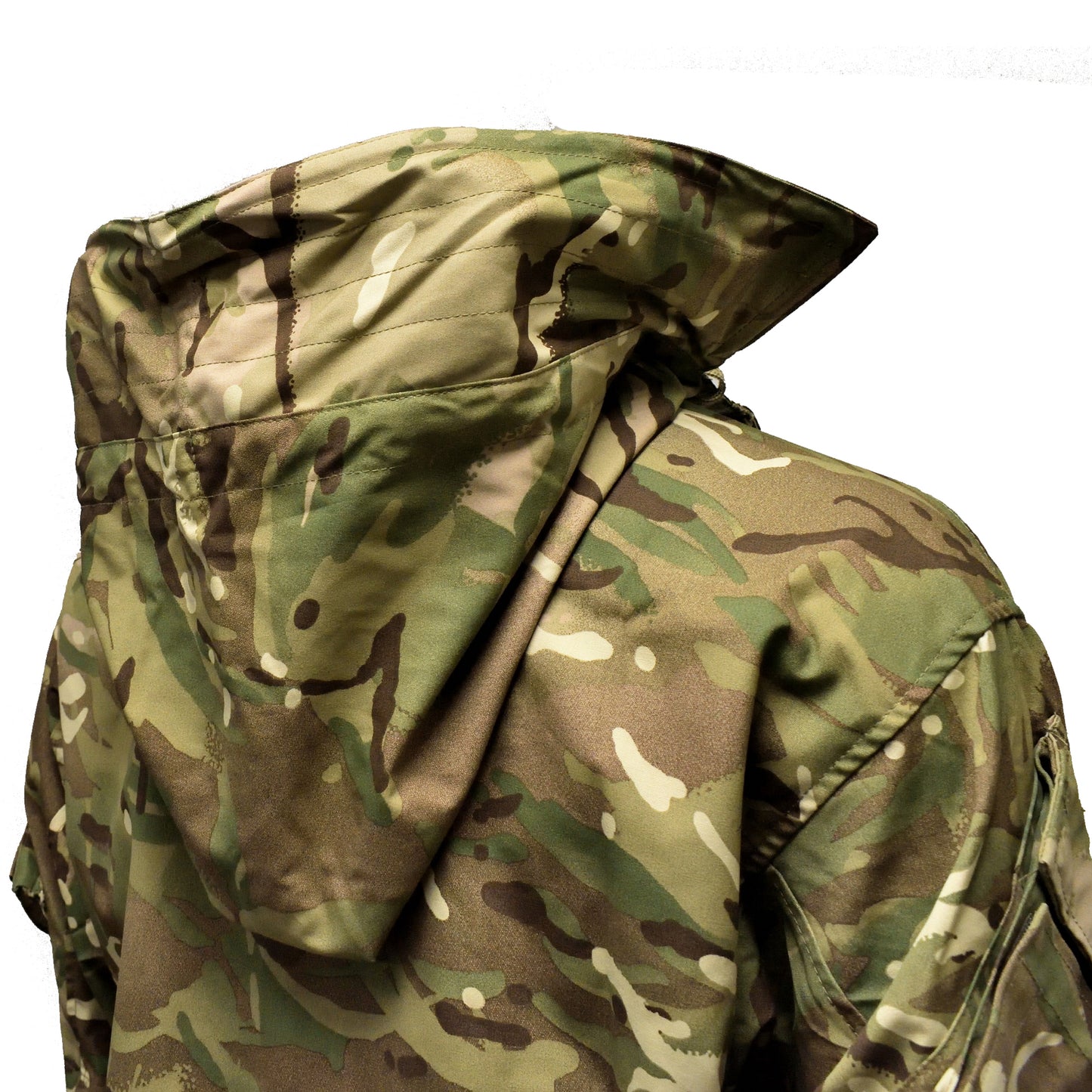 Close-up of rear hood expanded on British Army Windproof Combat Smock MTP.