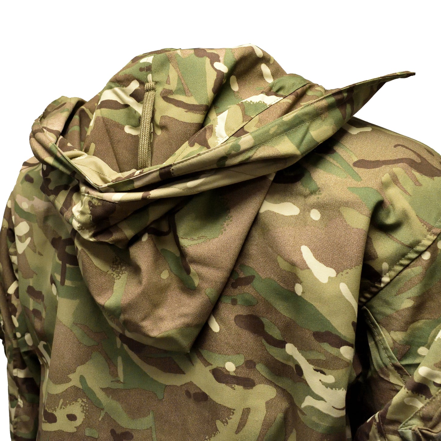 Close-up of rear hood contracted on British Army Windproof Combat Smock MTP.