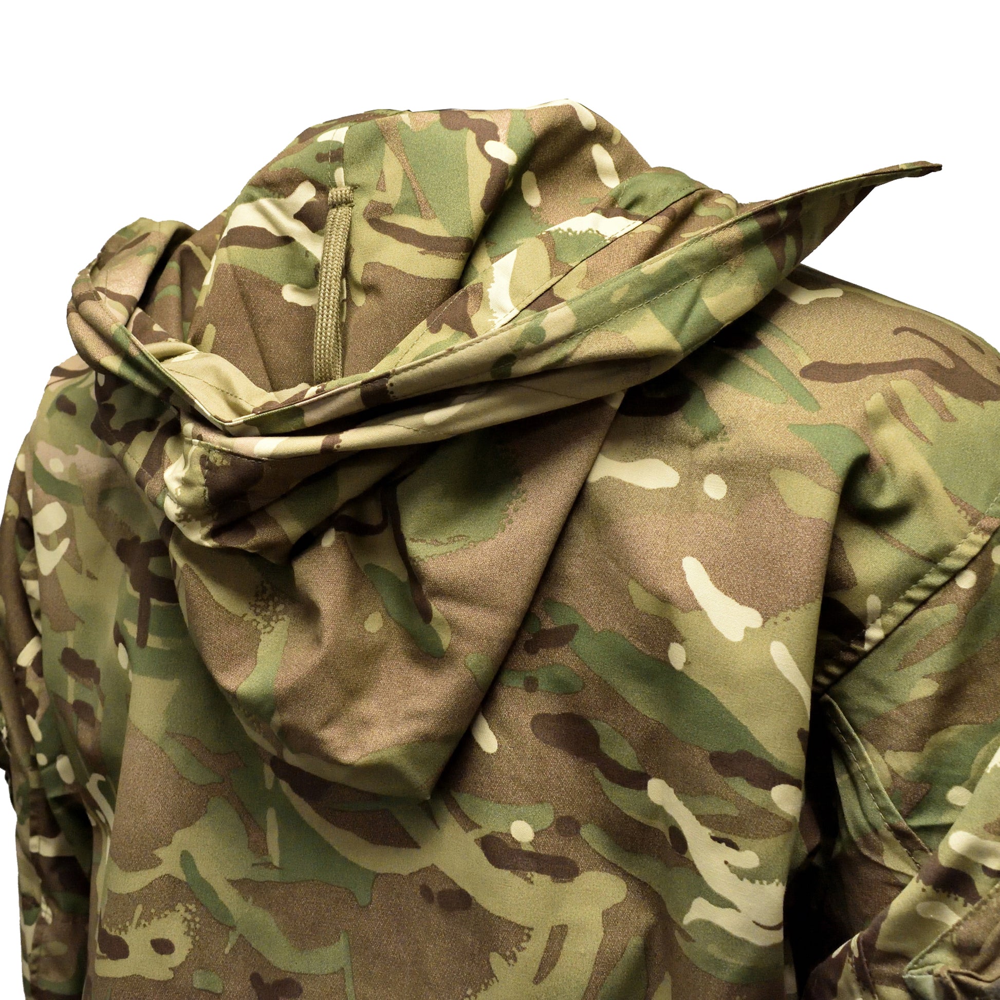 Close-up of rear hood contracted on British Army Windproof Combat Smock MTP.