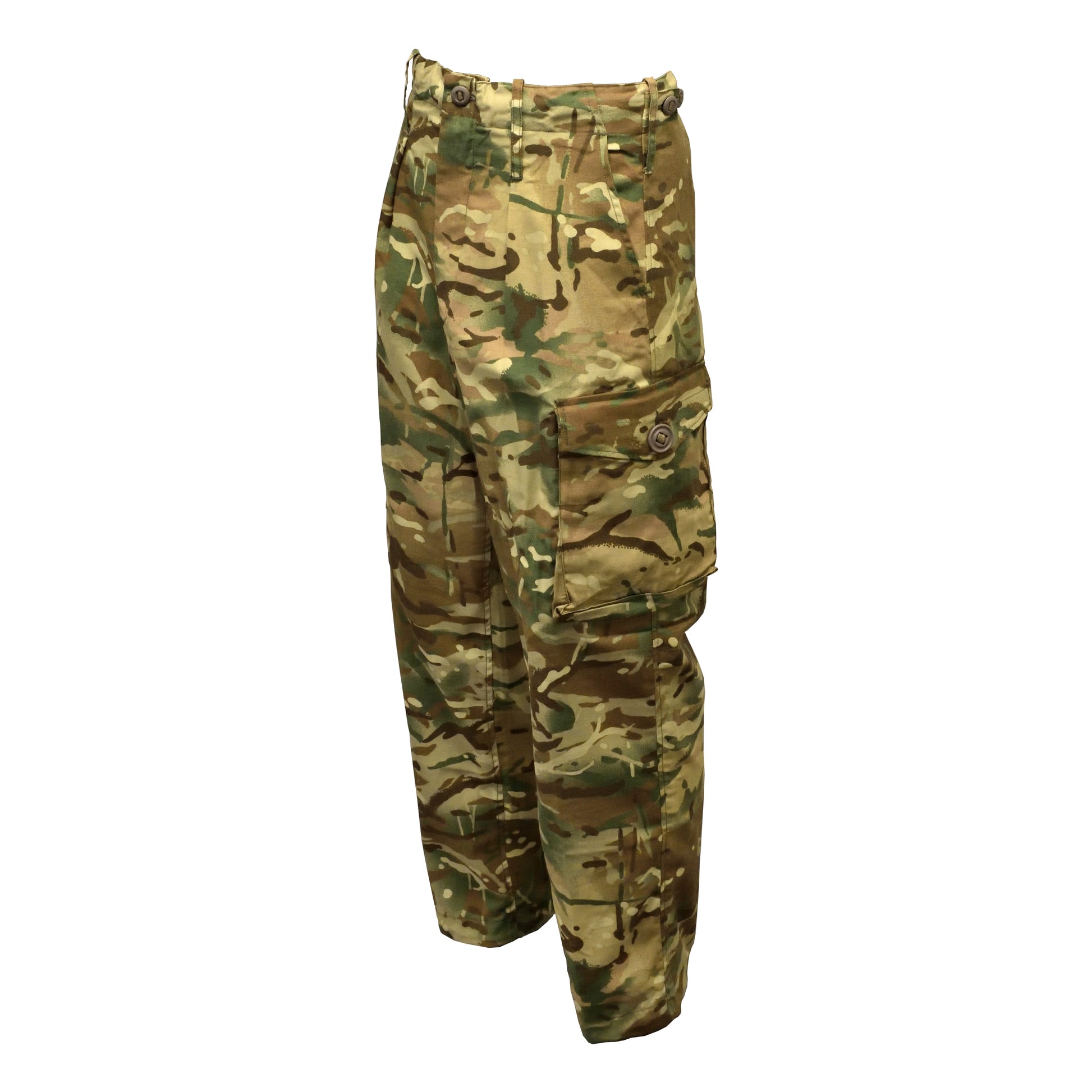 Angled front left view of Flame Resistant Combat Trousers in MTP pattern.