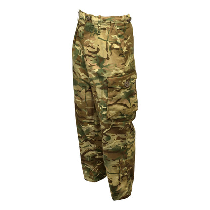 Angled front left view of Flame Resistant Combat Trousers in MTP pattern.