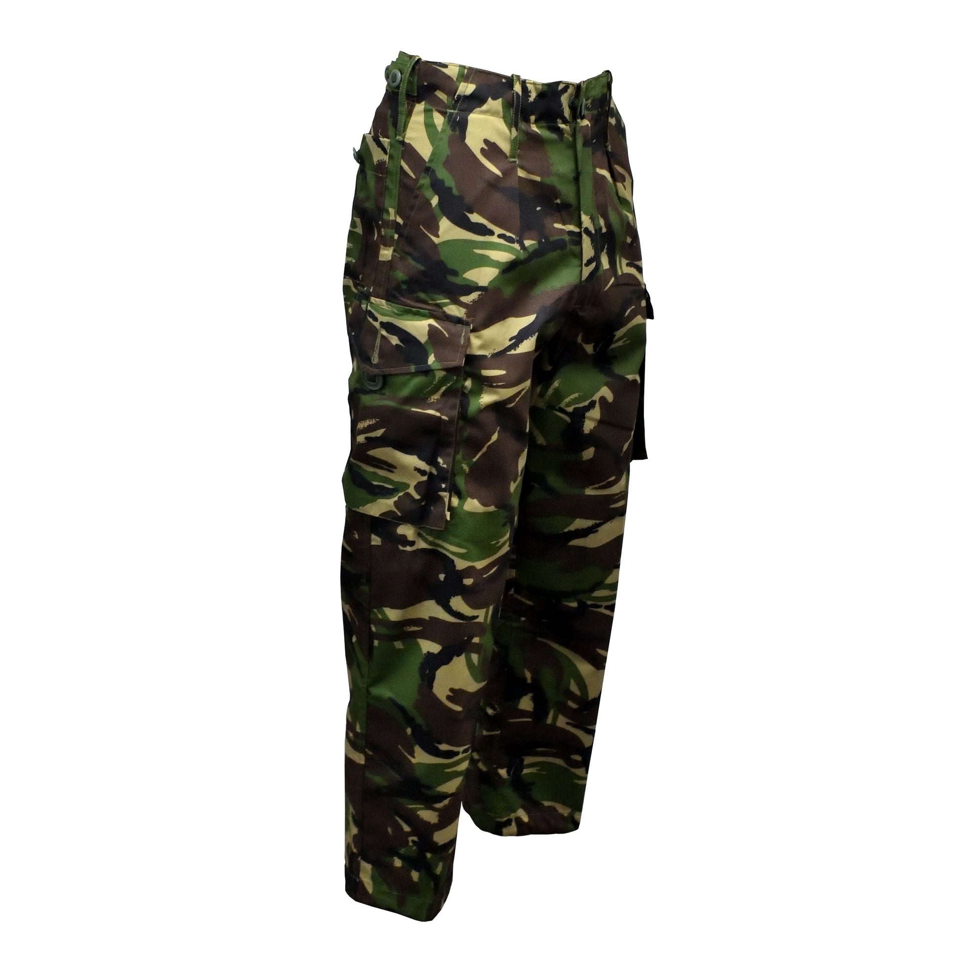 Angled front right view of British Army Lightweight Combat Trousers DPM pattern.