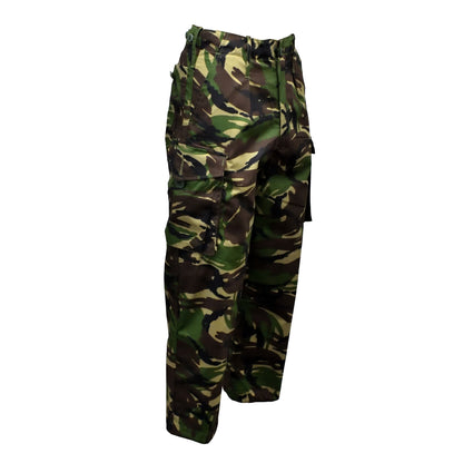 Angled front right view of British Army Lightweight Combat Trousers DPM pattern.