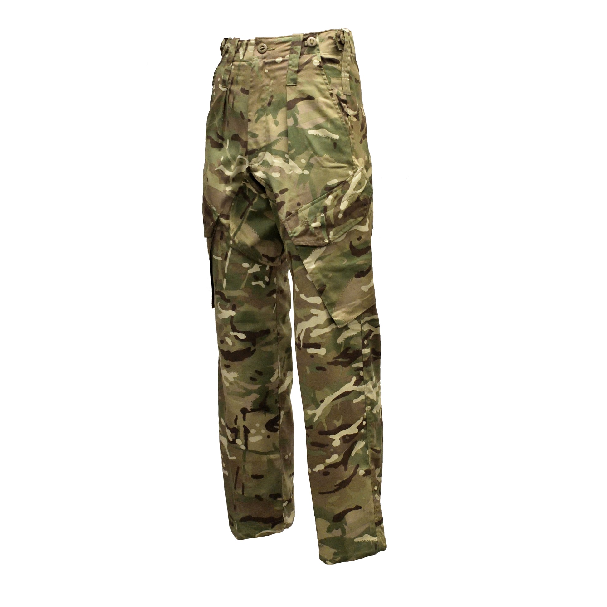 Left-angled front shot of British Army MTP Combat Trousers with insect-repellent treatment, showing cargo pockets.