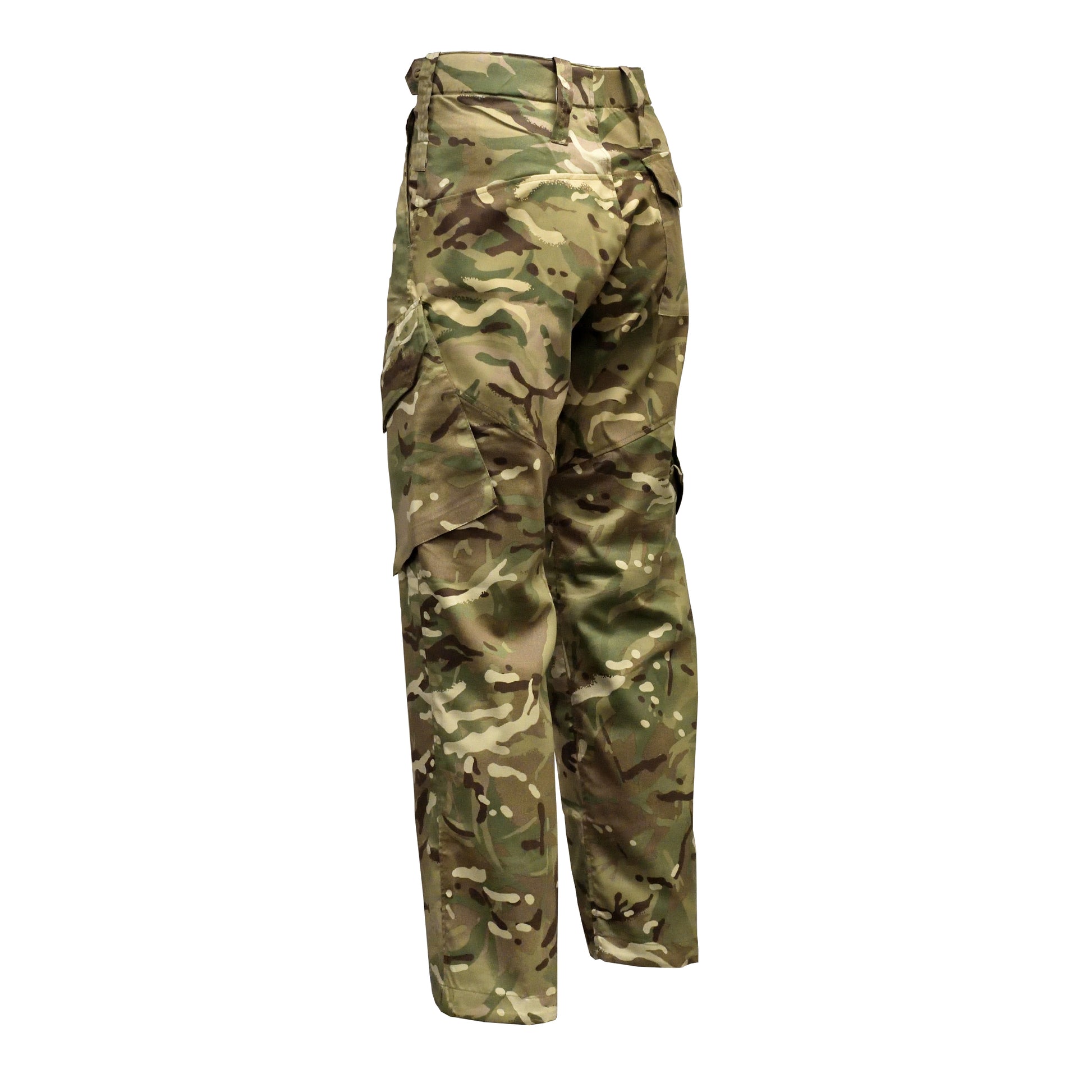Right-angled front view of British Army Insect Repellent Combat Trousers in Multi-Terrain Pattern, built for tough conditions.