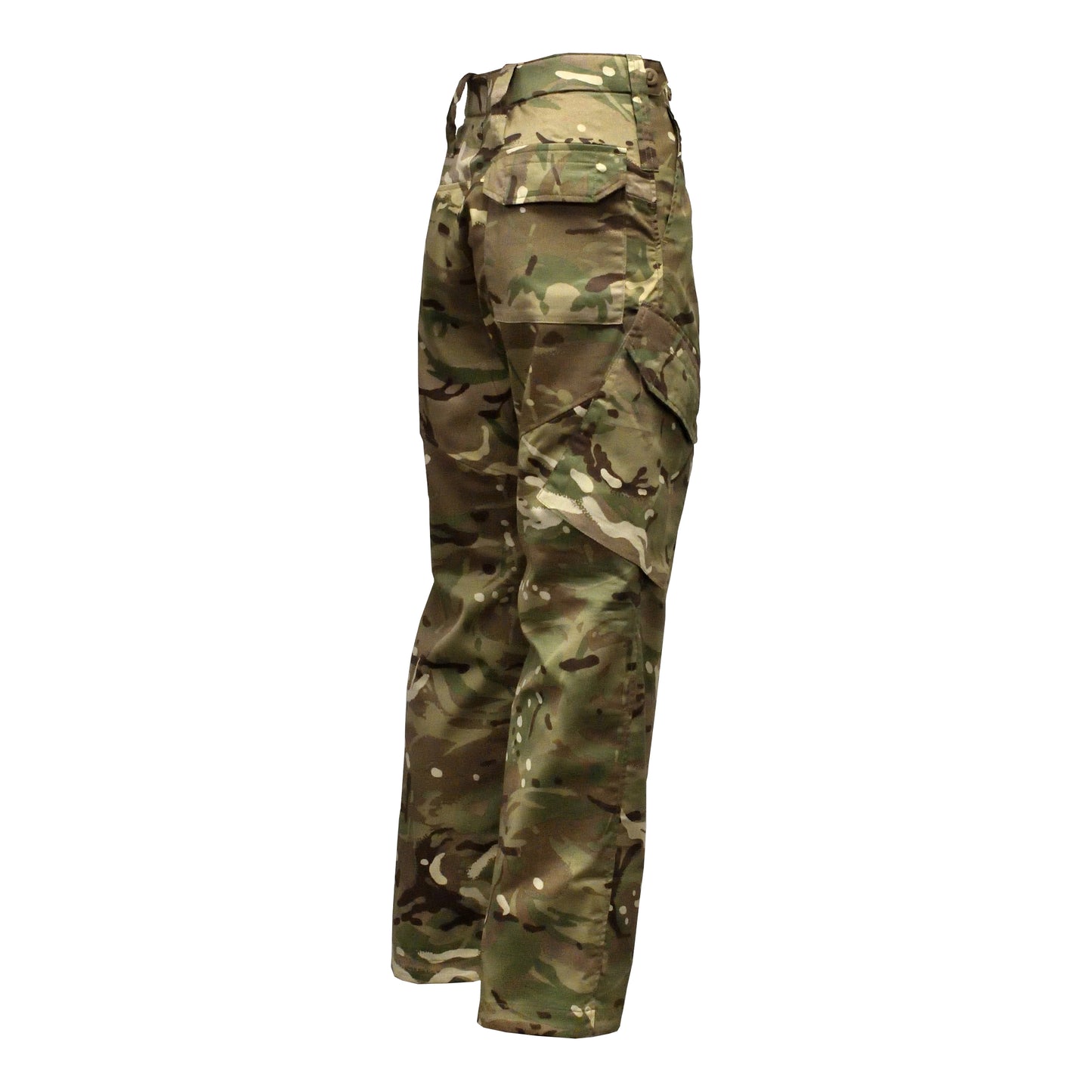 Right-angled rear shot of British Army Insect Repellent Combat Trousers in MTP camo, suitable for rugged terrain.