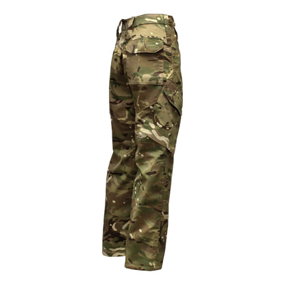 Right-angled rear shot of British Army Insect Repellent Combat Trousers in MTP camo, suitable for rugged terrain.