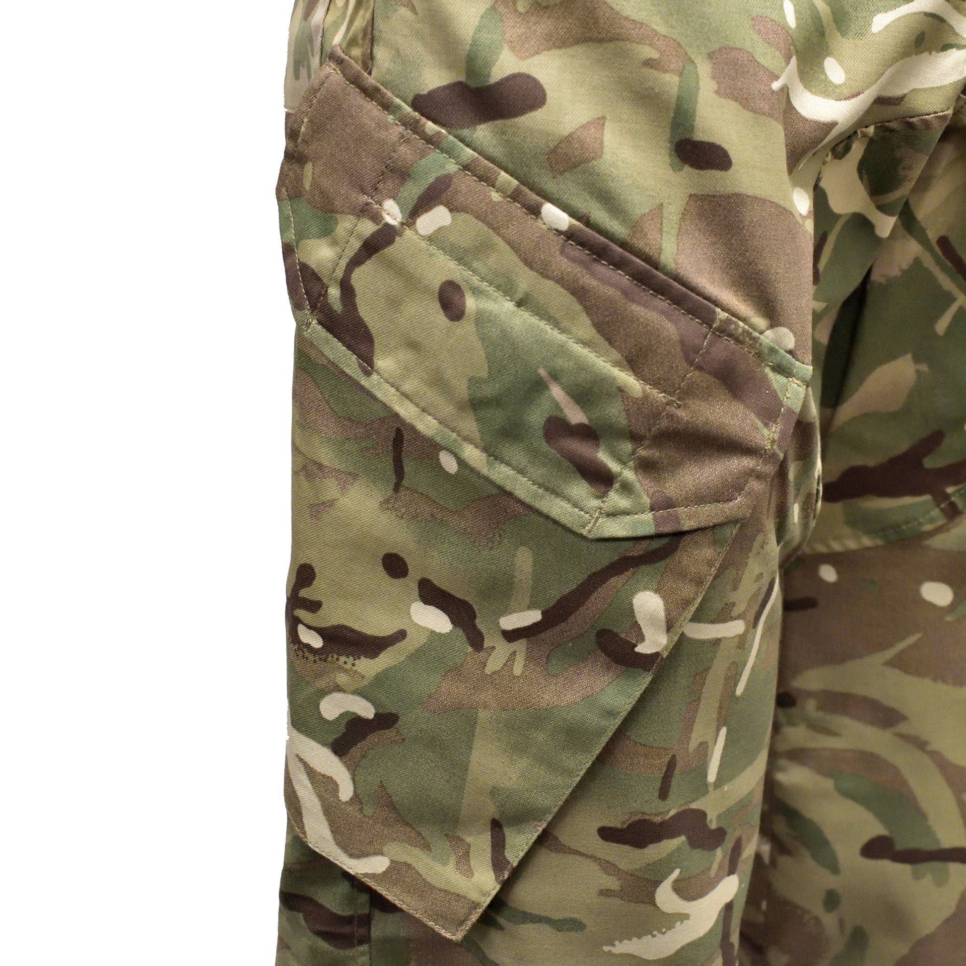 Close-up of thigh cargo pocket and reinforced stitching on British Army MTP Insect Repellent Combat Trousers.