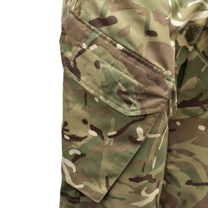 Close-up of thigh cargo pocket and reinforced stitching on British Army MTP Insect Repellent Combat Trousers.