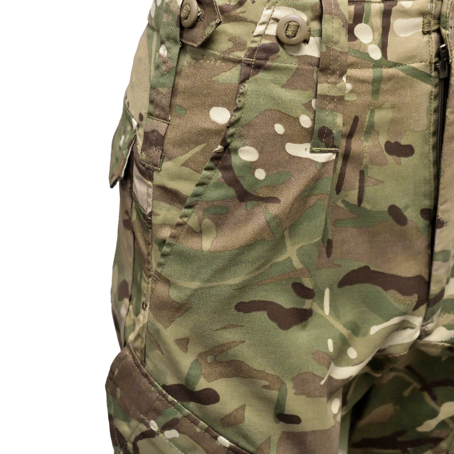 Close-up of pocket and reinforced stitching on British Army MTP Insect Repellent Combat Trousers.