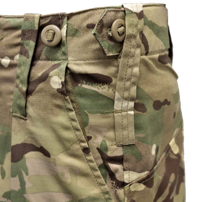 Detail shot of waistband and belt loops on British Army Insect Repellent Treated Combat Trousers in camo.