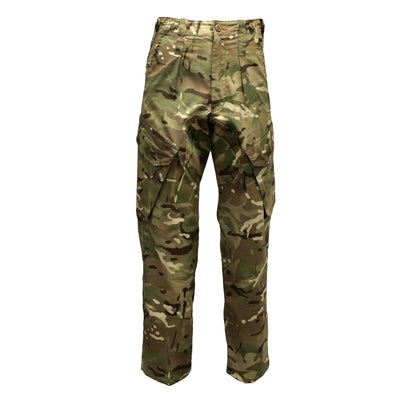 Front view of British Army Insect Repellent Treated Combat Trousers in MTP camouflage, made for field use.