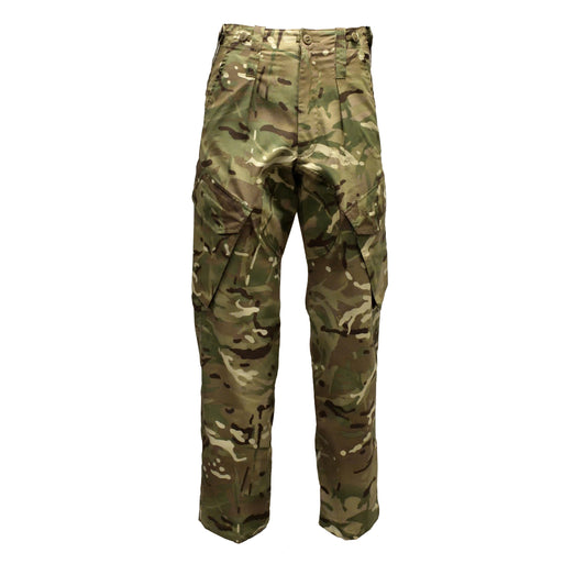 Front view of British Army Insect Repellent Treated Combat Trousers in MTP camouflage, made for field use.