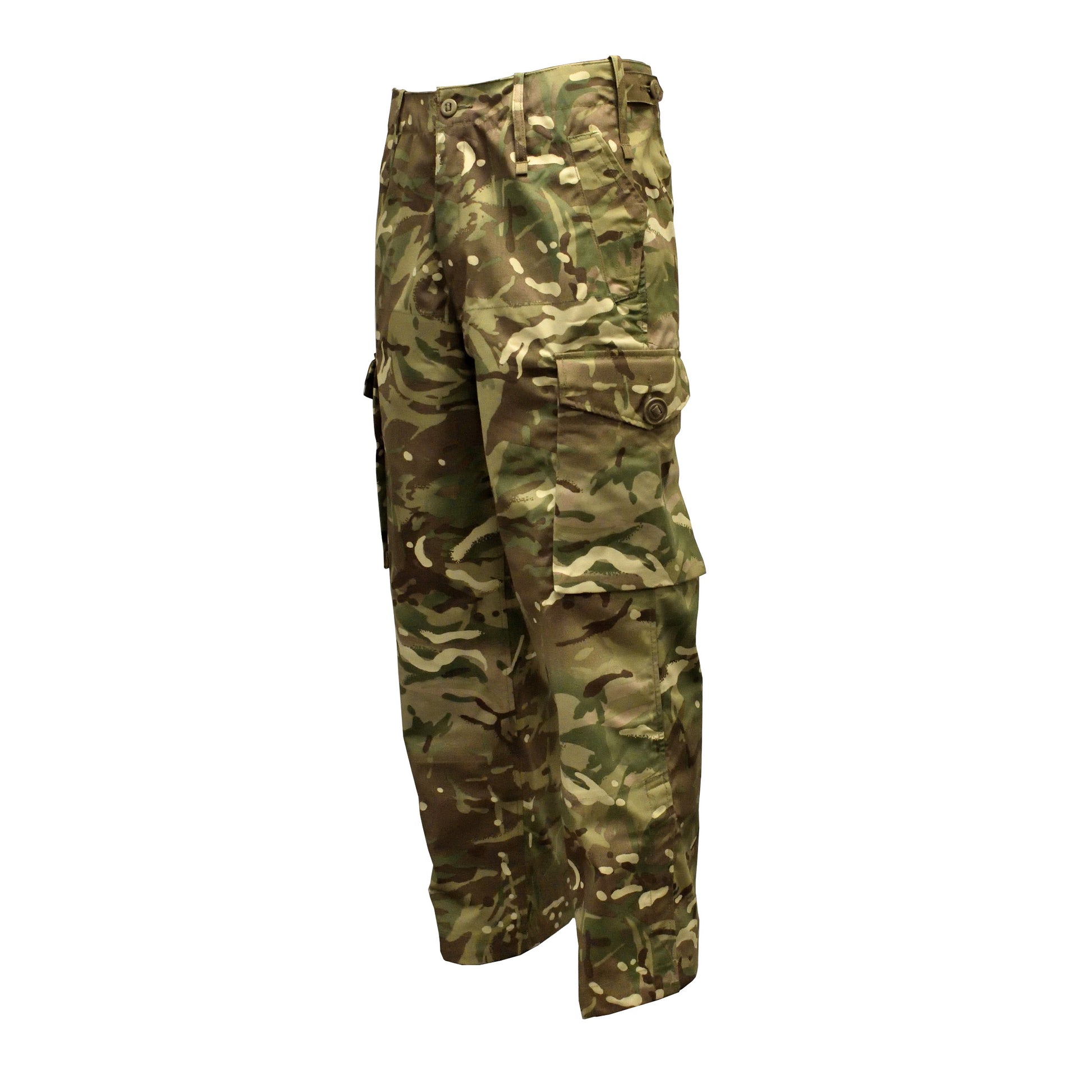 Left-angled front shot of British Army Windproof Combat Trousers MTP showing pockets and fabric.