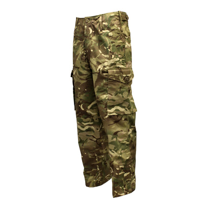 Left-angled front shot of British Army Windproof Combat Trousers MTP showing pockets and fabric.