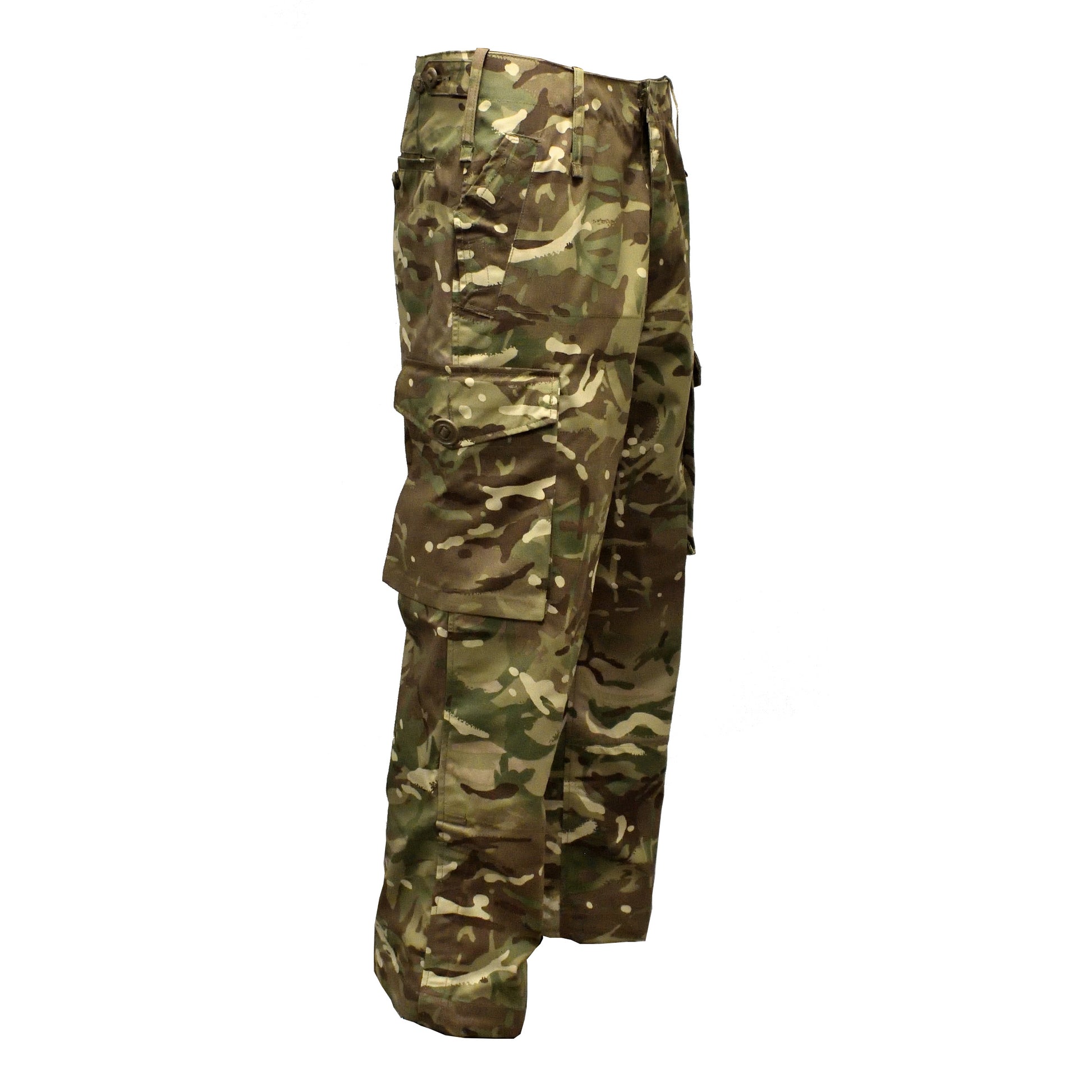 Right-angled front view of British Army Windproof Combat Trousers MTP highlighting fit and design.