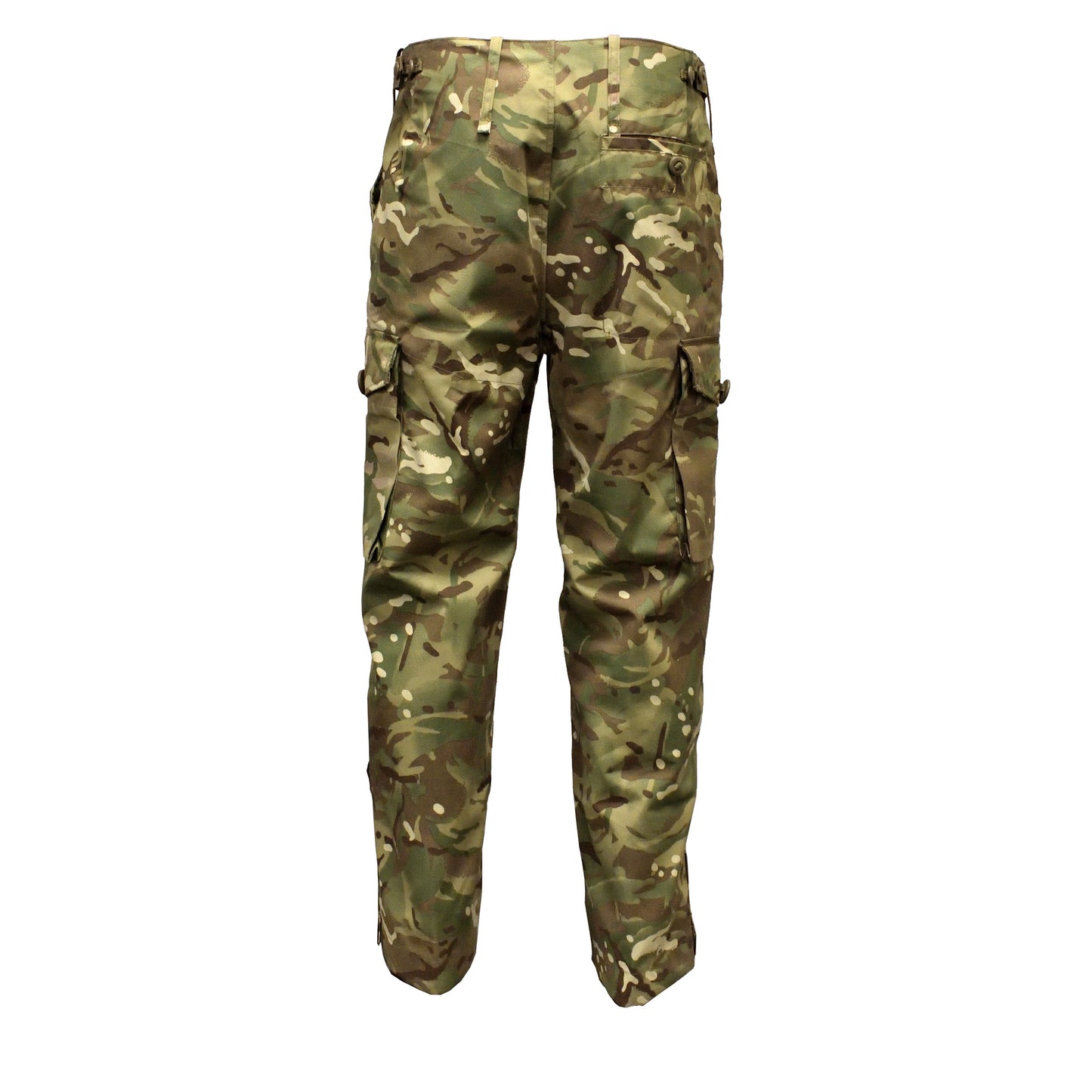 Rear view of British Army Windproof Combat Trousers MTP showing full length and cut.