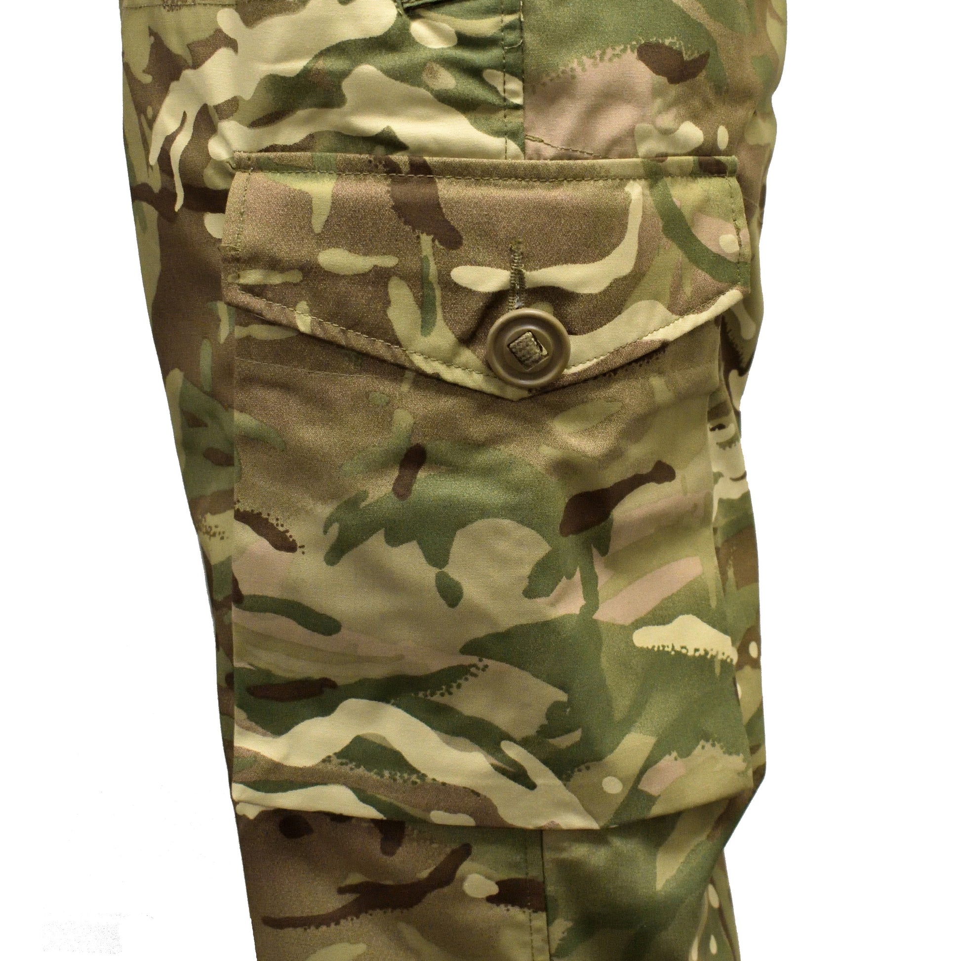 Close-up of left thigh pocket and stitching on British Army Windproof Combat Trousers MTP.