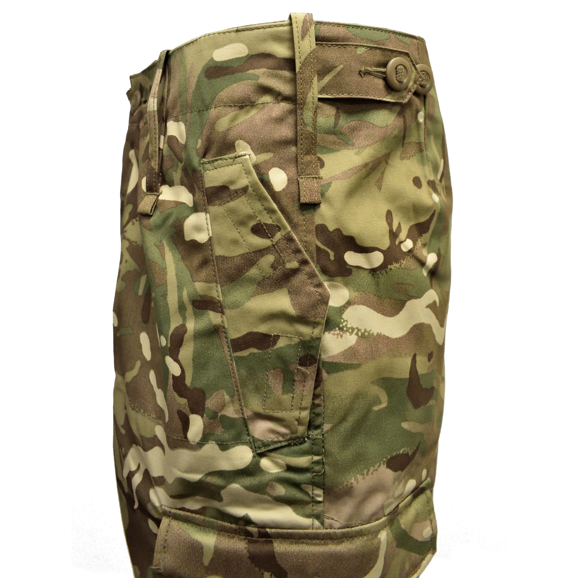 Detailed shot of waistband and fabric texture on British Army Windproof Combat Trousers MTP.
