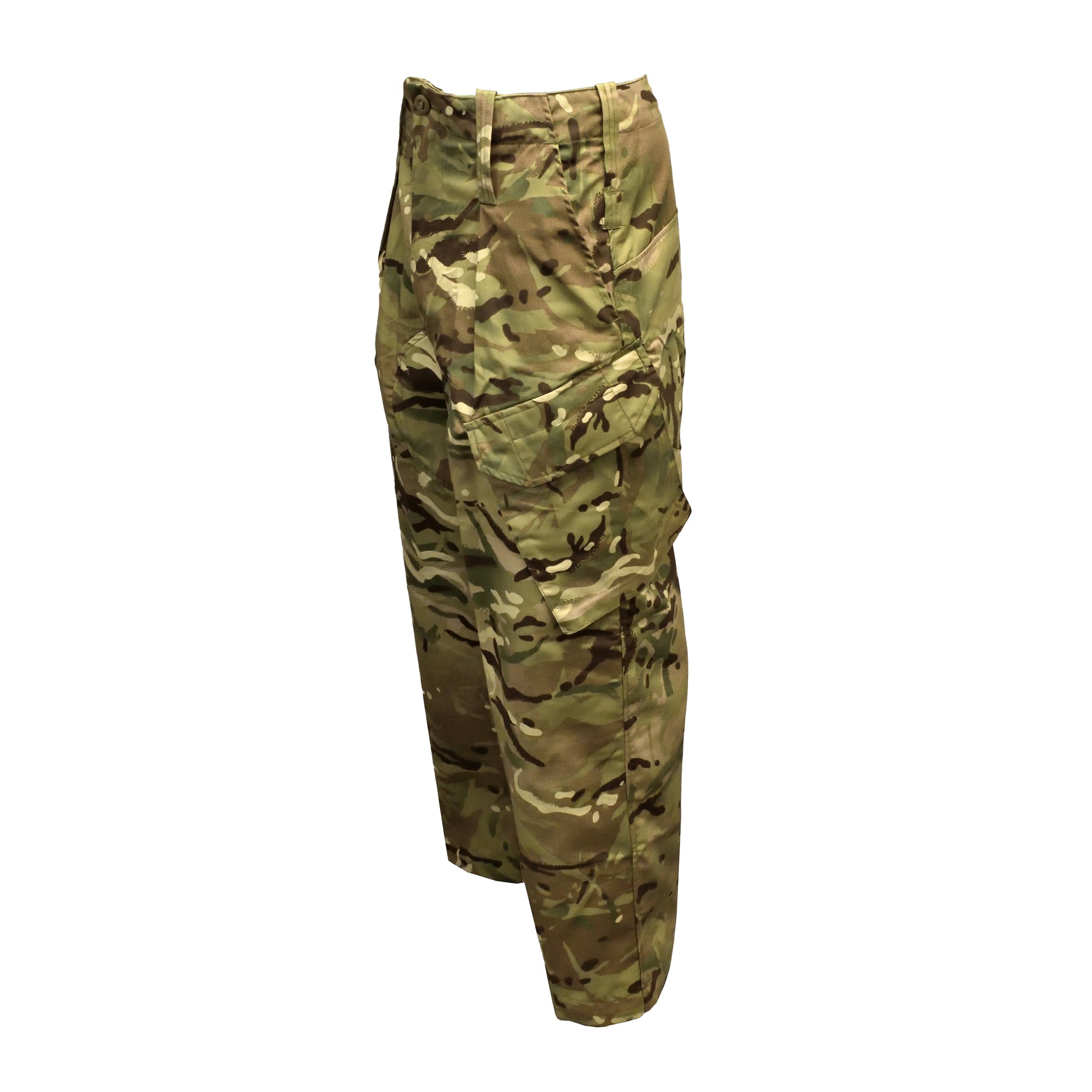 Angled front left view of British Army MTP Combat Trousers showcasing fit and design.