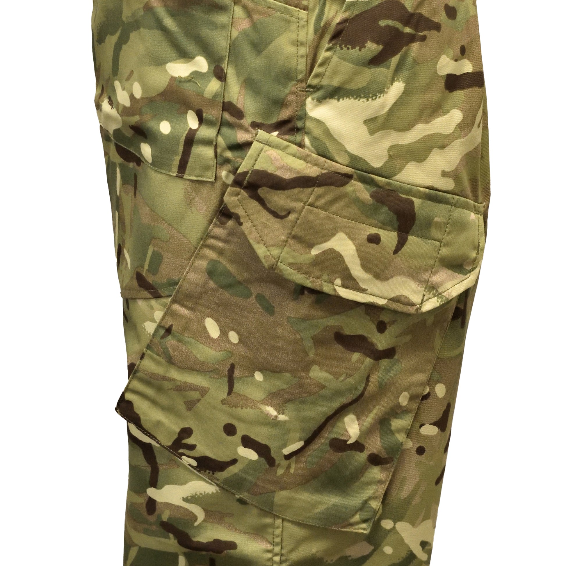 Close-up of cargo pocket with flap on British Army Temperate Weather Combat Trousers MTP.
