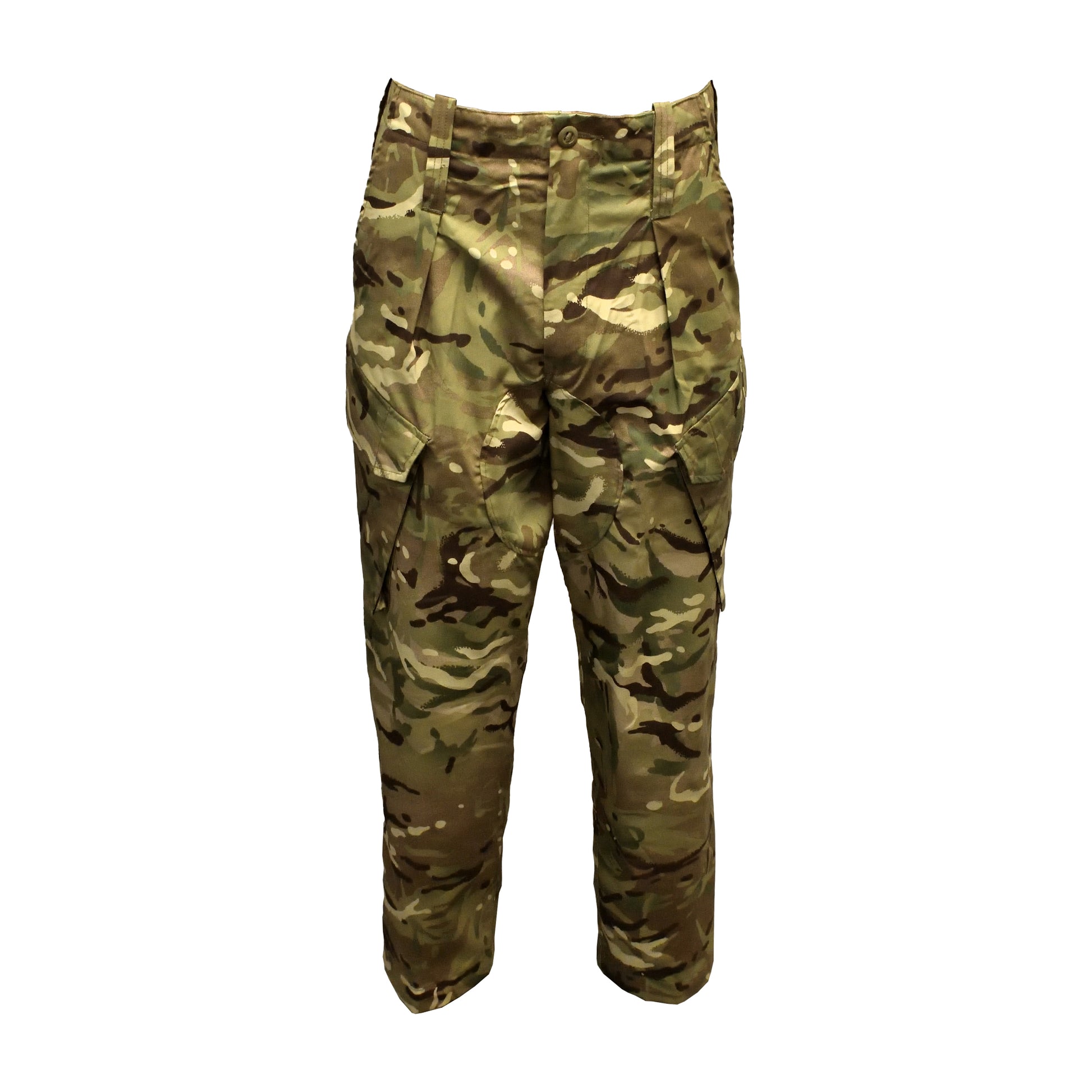 Front view of British Army Temperate Weather Combat Trousers in MTP camouflage.