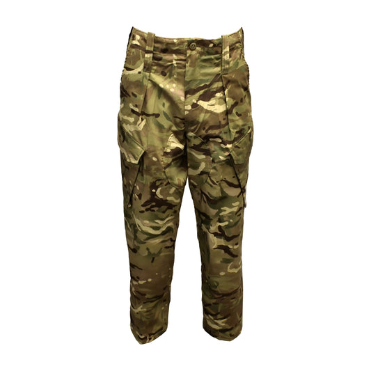 Front view of British Army Temperate Weather Combat Trousers in MTP camouflage.