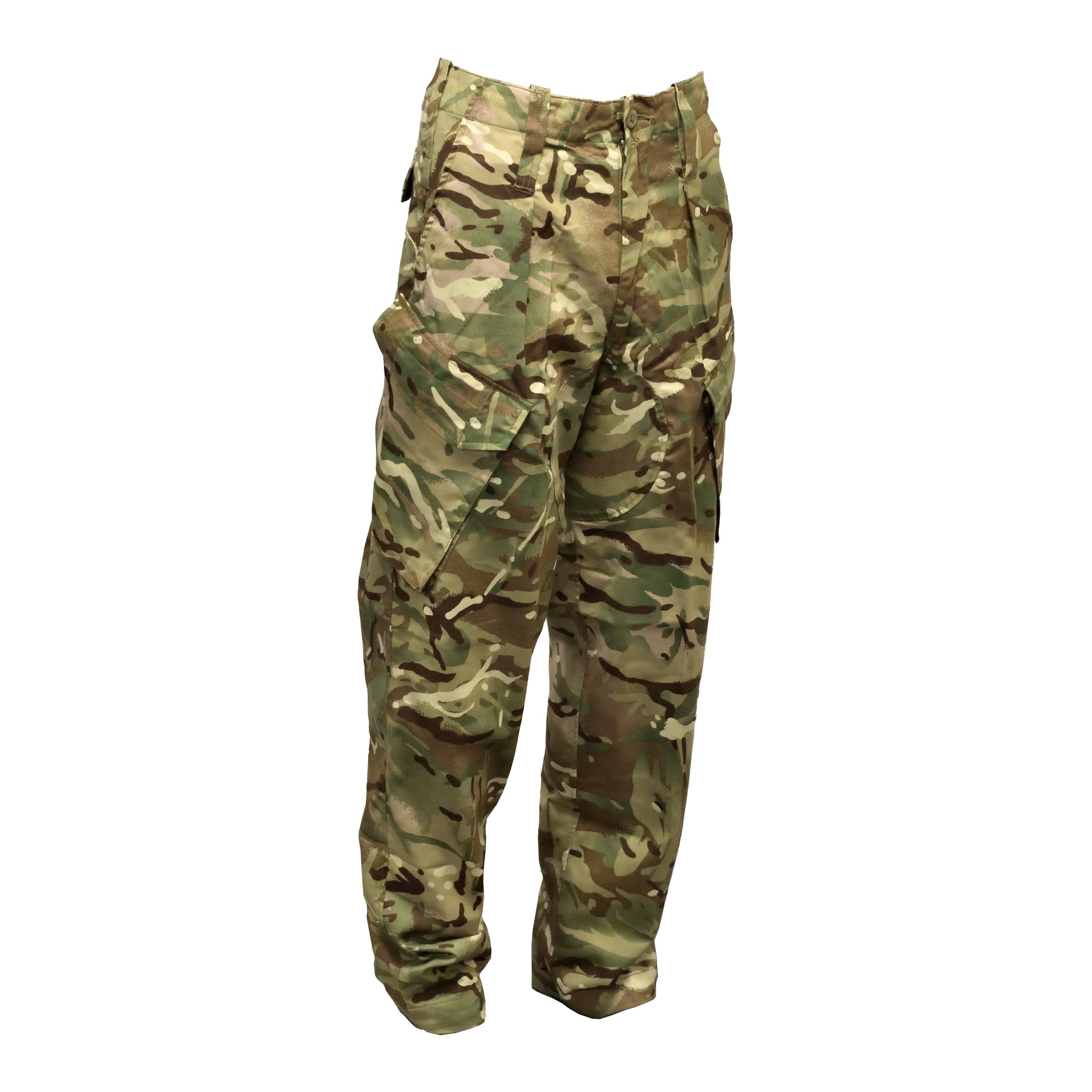 Angled front right view of British Army Warm Weather Treated Combat Trousers.