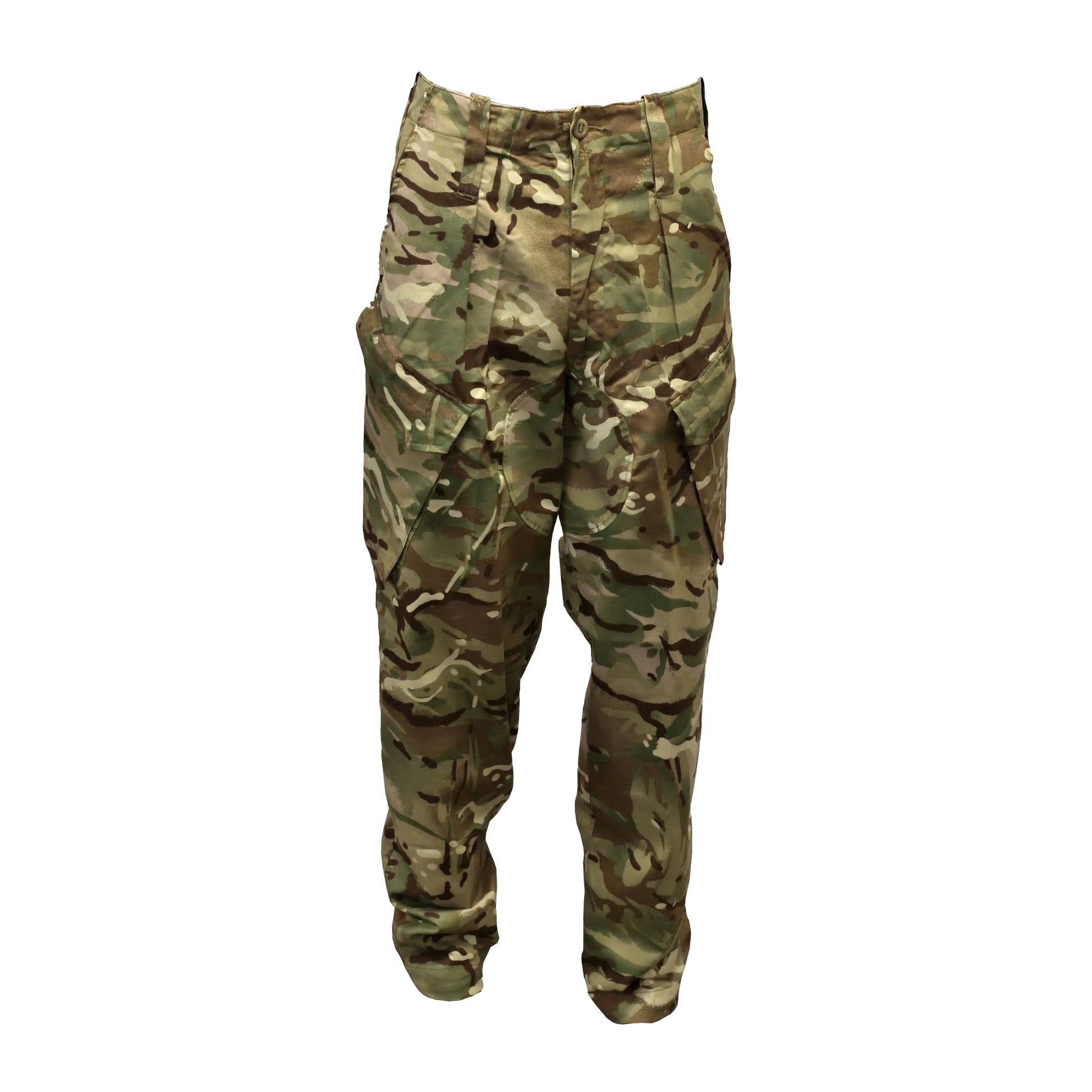 Front view of British Army Warm Weather Treated Combat Trousers in MTP camouflage.