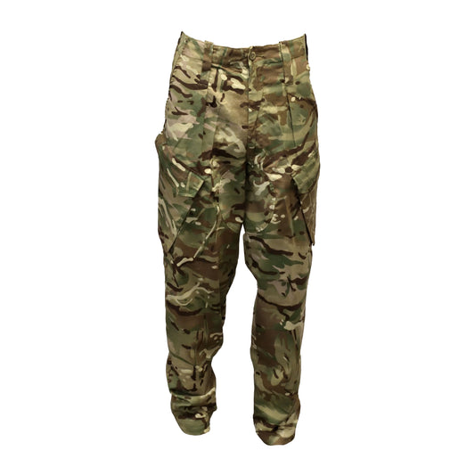 Front view of British Army Warm Weather Treated Combat Trousers in MTP camouflage.
