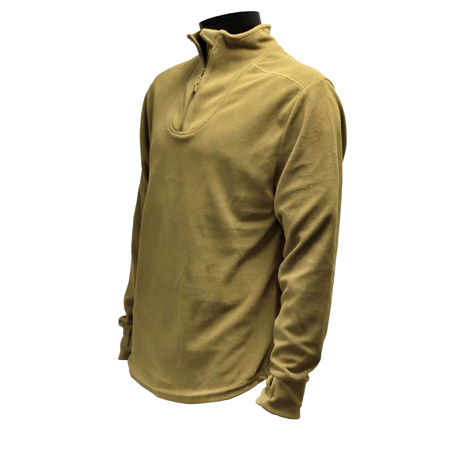 Left-angled front shot of British Army Thermal Combat Undershirt PCS Olive, showing fabric texture.